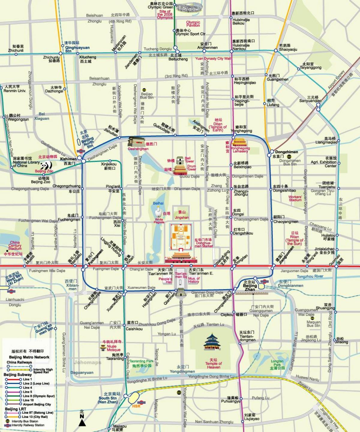 mapa de Beijing subway mapa con atraccións turísticas